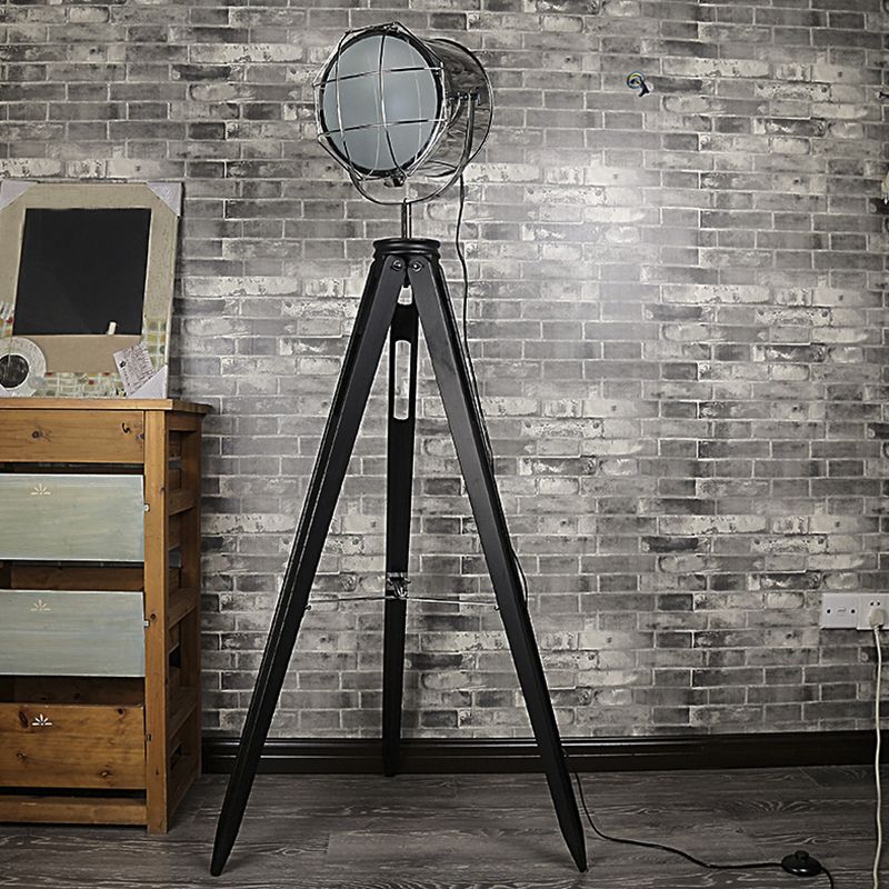 Industrial Loft Tripod Flood Spotlight 1 Light Metal and Wood Standing Floor Lamp in Black/White for Studio