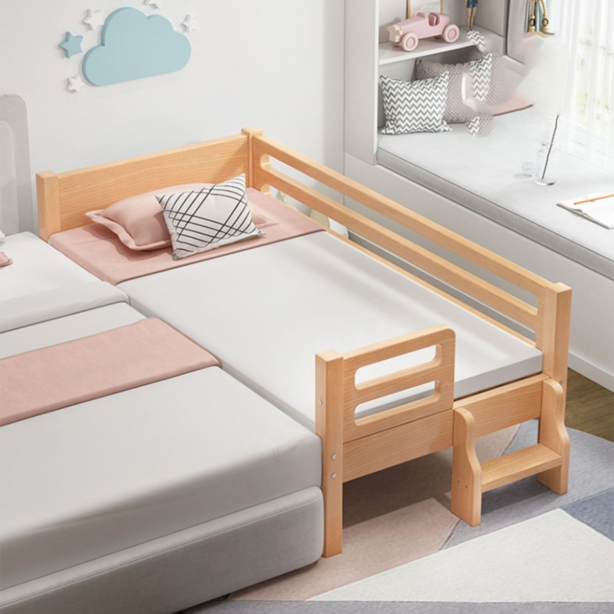 Nordic Style Solid Beech Nursery Bed with Mattress and Guardrail