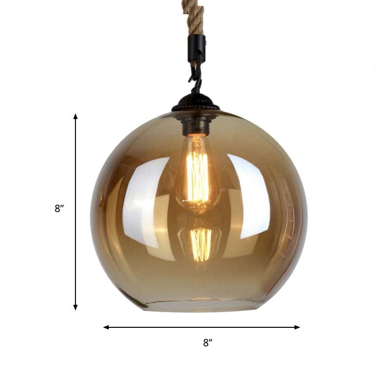 Amber Glass Ball Shade Pendant Lichte armatuur Vintage Style 1 Licht restaurant Hanglamp met touw