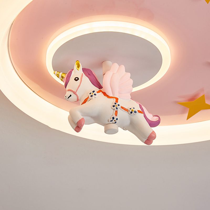 Metal Round Flush Mount Light Lovely Pink Unicorn Ceiling Light for Kid's Room