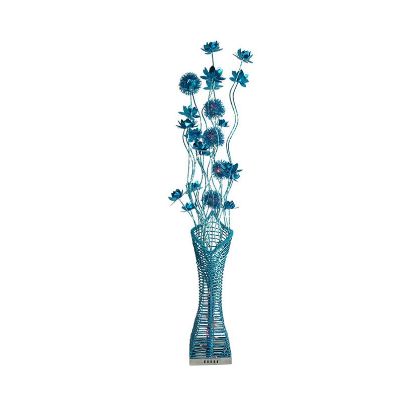 Decorative Tower-Like Floor Lighting LED Metallic Stand Up Lamp with Small Floral Decor in Blue