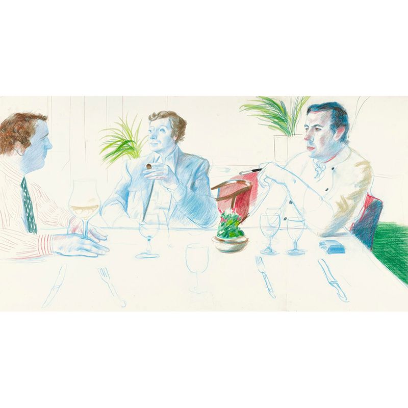 Art the Dining Gentlemen Mural Wallpaper Blue-Green Pencil Drawing Wall Covering for Home