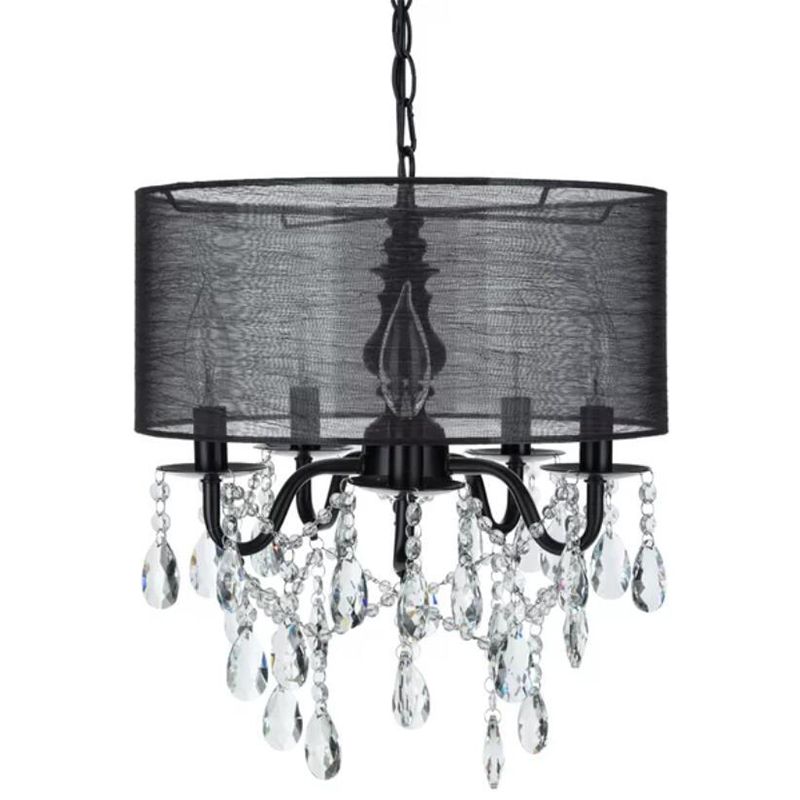 Traditional 5 Lights Hanging Chandelier Black Round Fabric Pendant Light Fixture with Crystal Accent