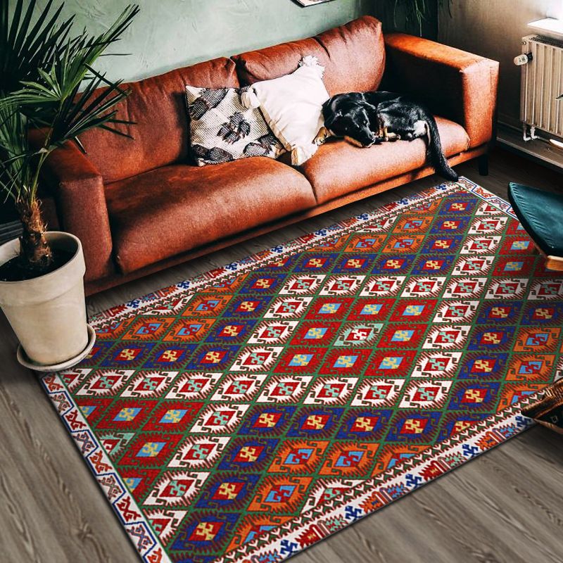 Red Living Room Area Carpet Bohemian Americana Pattern Rug Polyester Non-Slip Area Rug