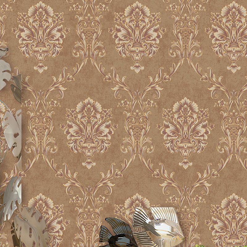 Brown Floral Wallpaper Roll Moisture Resistant Antique Dining Room Wall Covering