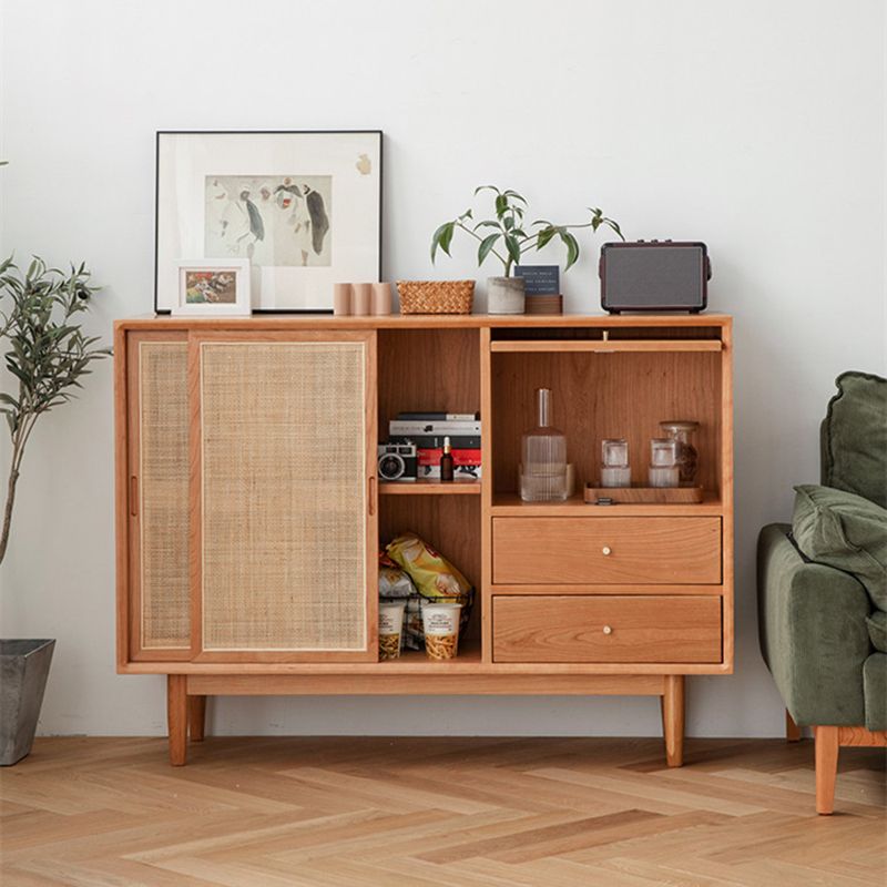 Modern Doors Sideboard Light Brown Pine Solid Wood Buffet Table with 2-Drawer