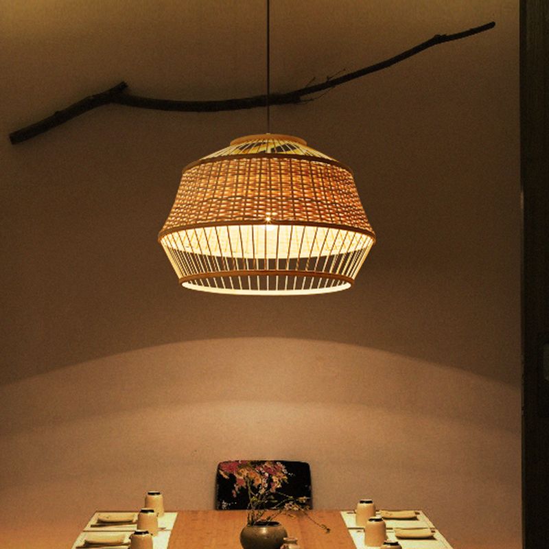 1 Head Handcrafted Pendant Lighting Japanese Bamboo Ceiling Suspension Lamp in Beige