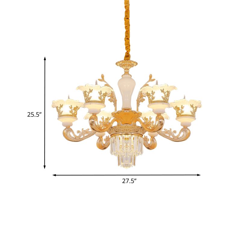 Postmodern Blossom Pendant 6 Lights Carved Cream Glass Chandelier in Gold with Crystal Accent