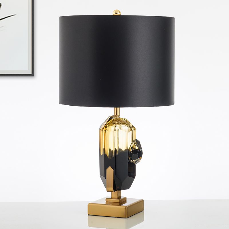 Straight Sided Shade Desk Light Modern Fabric 1 Bulb Night Table Lamp in Black with Oblong Amber Glazed Crystal Base