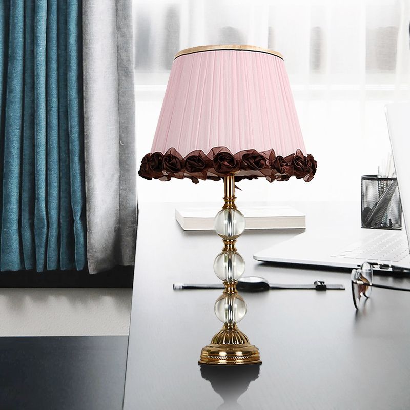 1 Head Bedside Desk Light Modern Pink Night Table Lamp with Tapered Fabric Shade