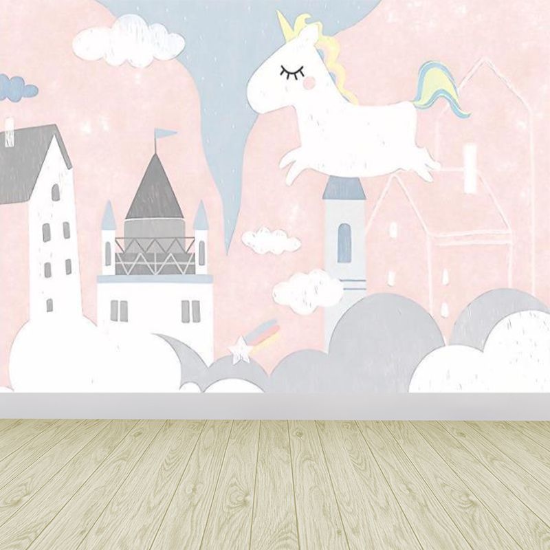 Light Pink Cartoon Mural Decal Large Castle and Unicorn Wall Art for Childrens Bedroom