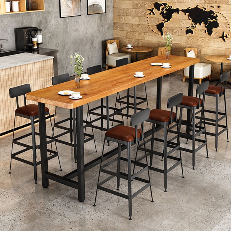 Industrial Metal Frame Bar Table with Trestle Brown Pine Wood Top Bistro Table