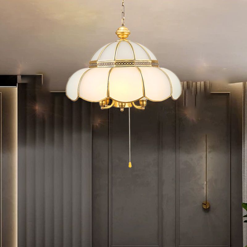 6 Bulbs Cream Glass Suspension Light Traditional Gold Scalloped Corridor Chandelier Light with Pull Chain