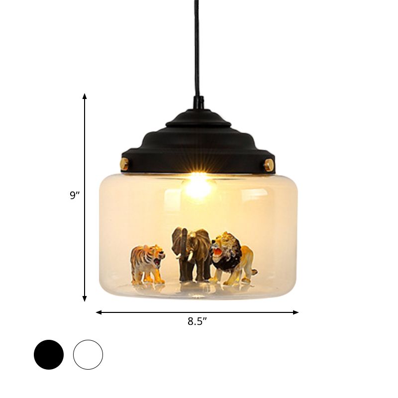 Jar Shaped Clear Glass Pendulum Light Nordic Style 1 Light White/Black Suspension Lamp with Animals Deco