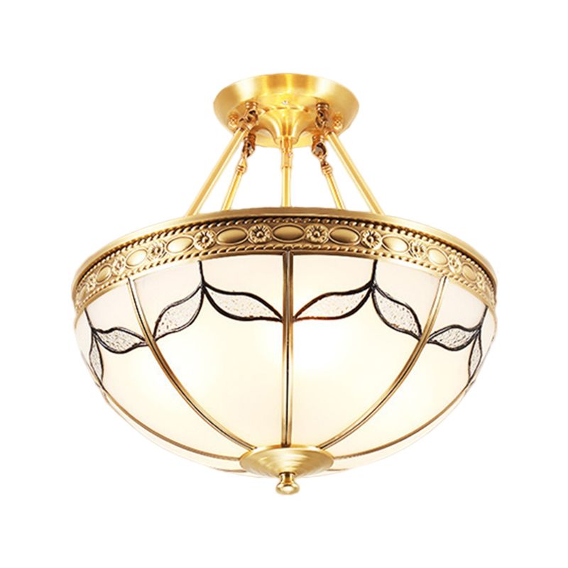 Domed Opal Glass Semi Mount Lighting Vintage 4-Light Bedroom Semi Flush in Brass, 12.5"/16" Wide