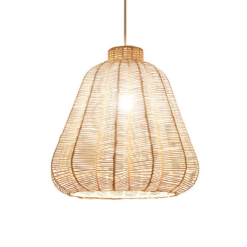 Tapered Ceiling Lighting Asian Style Rattan 1 Bulb Wood Hanging Lamp for Restaurant