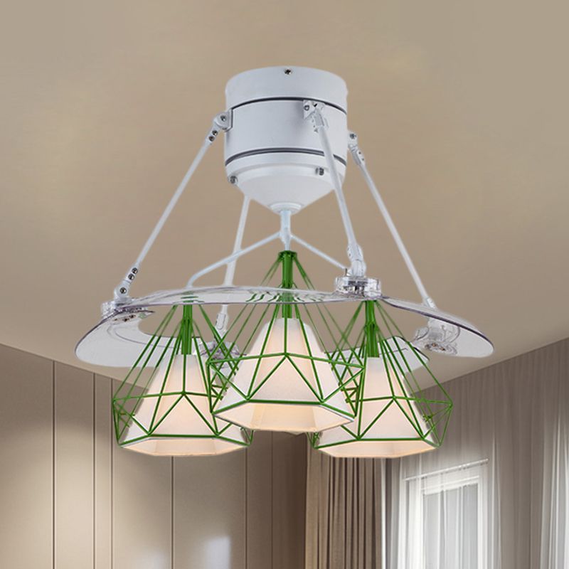 Metal Diamond Frame Semi Flush Minimalism 3-Light Black/White/Green 4-Blade Ceiling Fan Lighting for Bedroom, 48" Wide