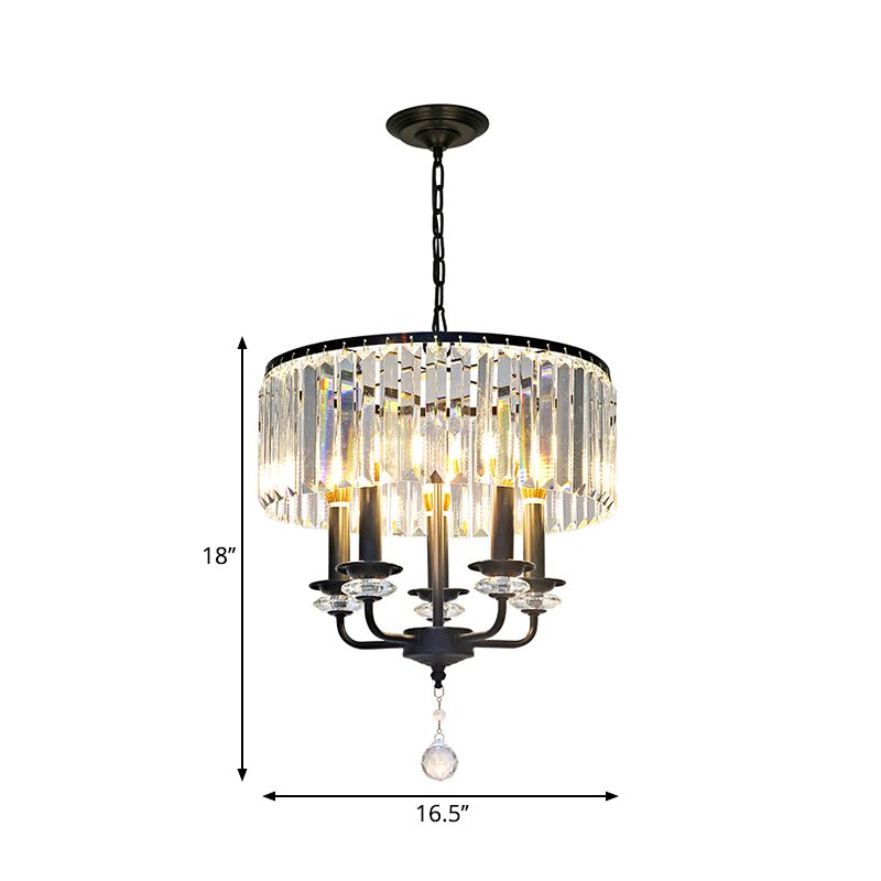 Clear Crystal Block Chandelier Lamp with Drum Shade Modernist 5 Lights Suspension Light in Black