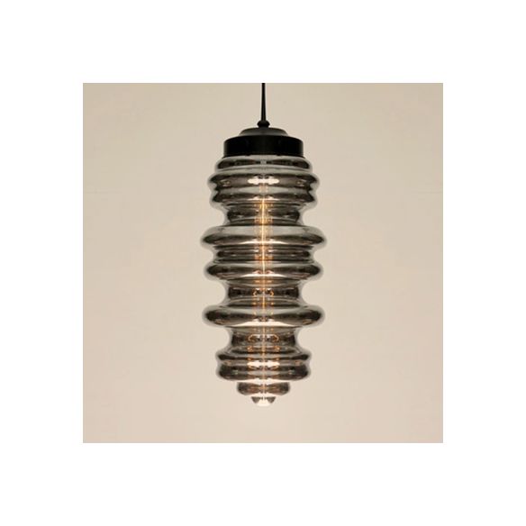 Contemporary 1 Light Pendant Light with White/Amber/Smoke Glass Shade Black Ribbed Hanging Ceiling Lamp