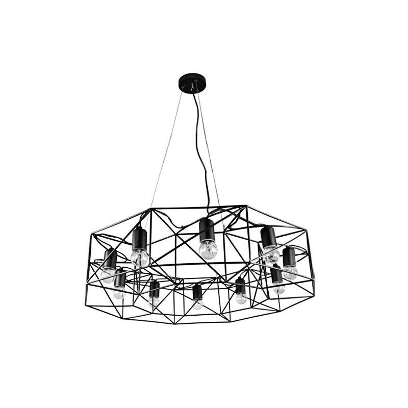 Black Geometric Pendant Lighting Farmhouse Clear Glass 10-Light Living Room Chandelier with Cage