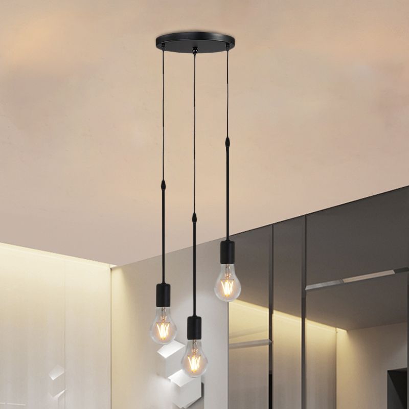 Metal Black Multi Hanging Light Draping Bare Bulb 3/5/10-Light Warehouse Ceiling Pendant Lamp with Round/Linear Canopy