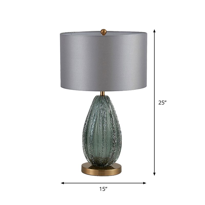 Blue Seeded Glass Ellipse Night Lamp Modern 1 Head Grey Table Light with Drum Fabric Shade, 12"/15" W