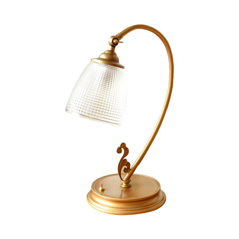 Gold 1 Bulb Desk Light Vintage Metal Swooping Arm Night Table Lamp with Flared Clear Glass Shade