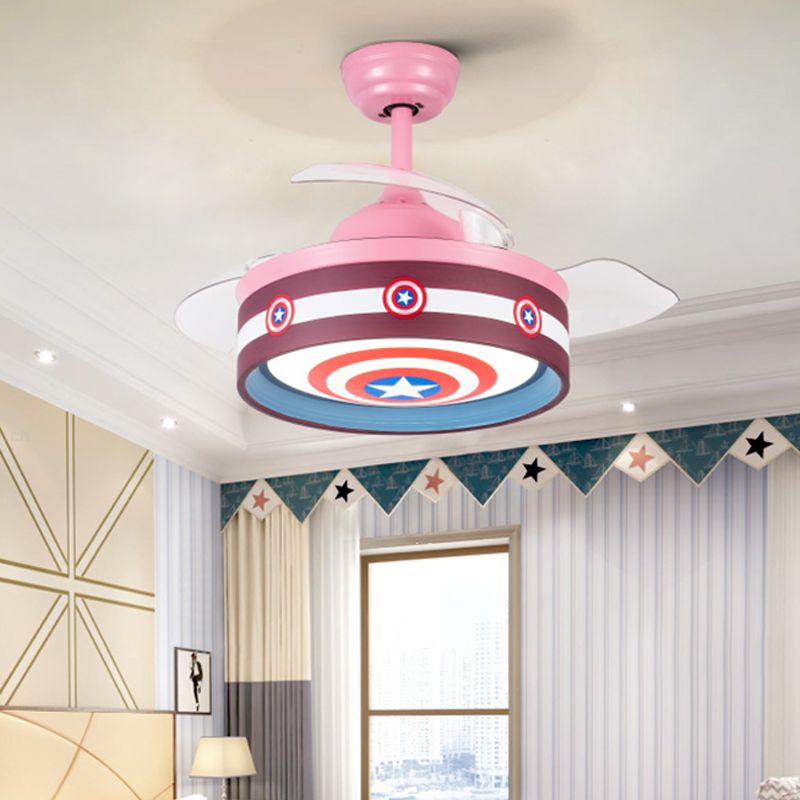 Lampe da 3 lame rotonde rosa/blu semifulco bambini leggeri a led lampada a ventola a soffitto sospeso metallico con motivo a scudo eroe, largo 36 "