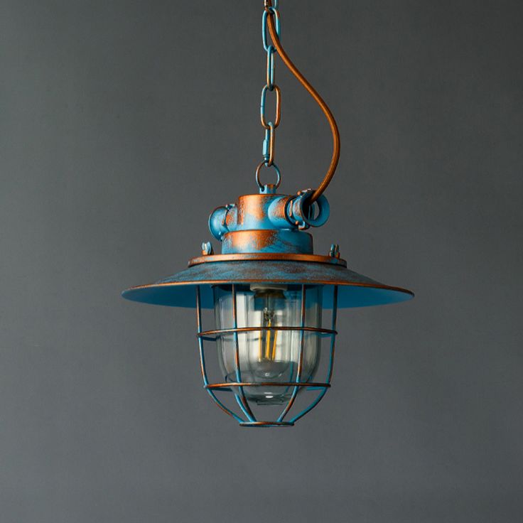 Industrial Iron Cage Hanging Light Copper Patina 1 Light Suspension Light with Adjustable Chain