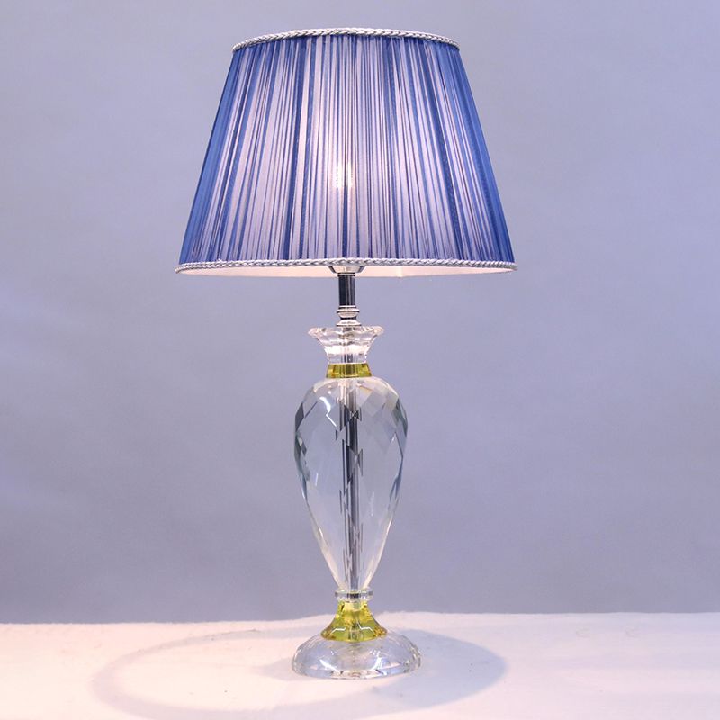 Modern 1 Head Table Lamp Blue Barrel Night Lighting with Urn-Shaped Crystal Base for Bedroom