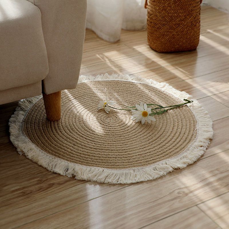 Beige Solid Color Area Carpet Polyester Fringe Area Rug Easy Care Washable Rug for Living Room