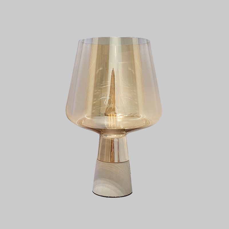 Tapered Table Lighting Nordic Cement Single Study Room Nightstand Lamp with Wineglass-Like Amber Glass Shade