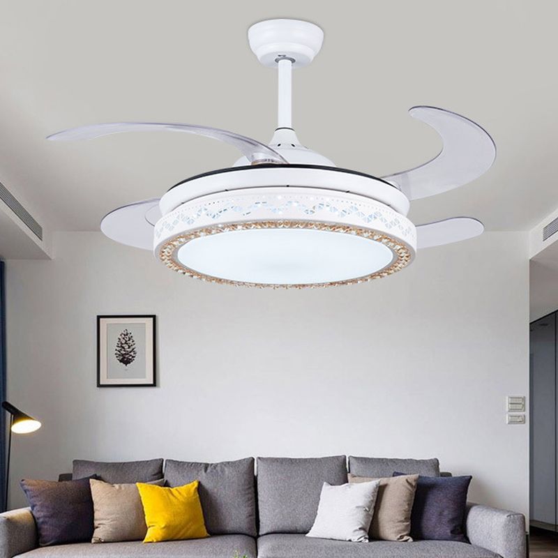 Acrylic Round Hanging Fan Lamp 42" W LED Living Room Semi Flush Mount Ceiling Light in White with 4 Blades, Remote/Wall Control/Remote and Wall Control