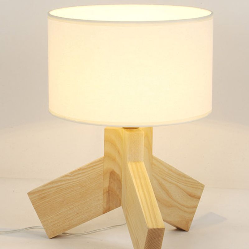 Drum Fabric Table Light Nordic Single Bulb Wood 3-Leg Night Stand Lamp for Bedroom