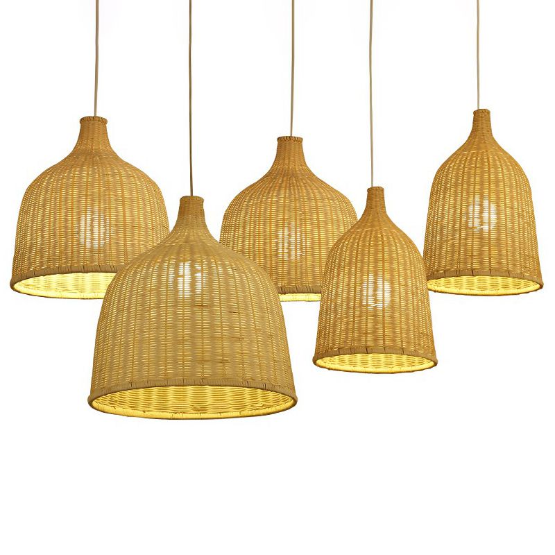 Asian Style Cloche Shaped Pendant Bamboo 1-Light Dining Room Hanging Light Fixture