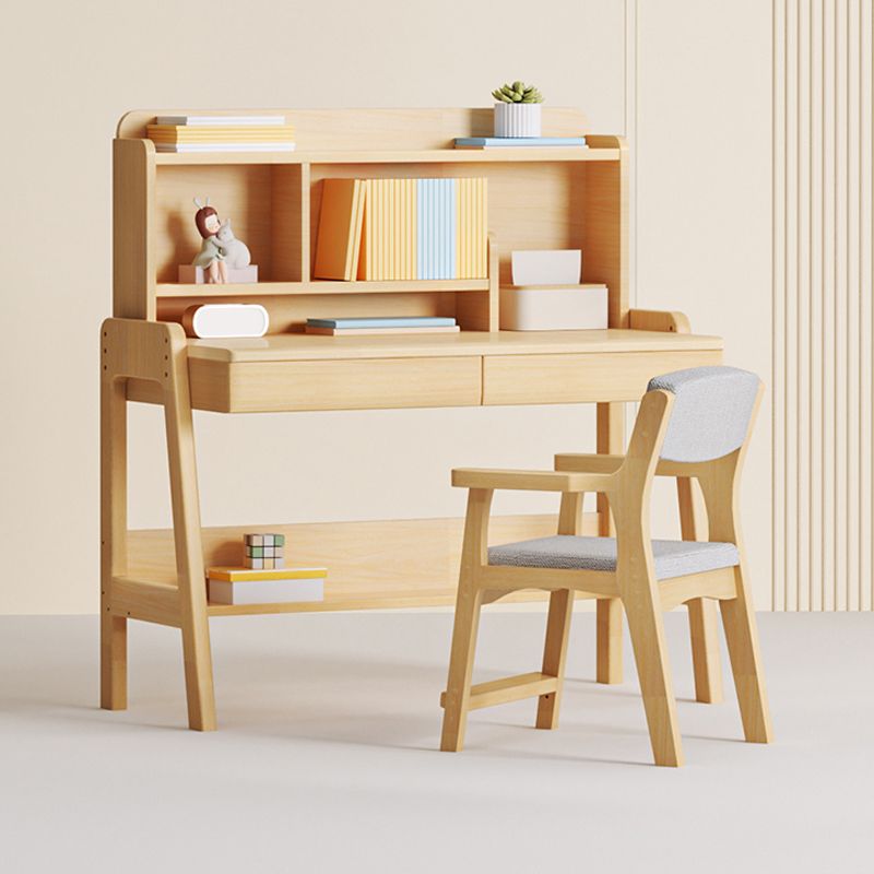 Natural Rubber Wood Children's Desk with Shelves and Drawers