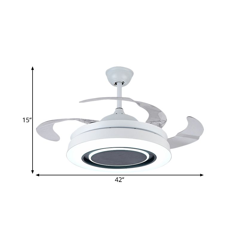 White Drum-Shape Pendant Fan Lamp Minimalism 42" Wide LED Acrylic Close to Ceiling Light with 4 Clear Blades