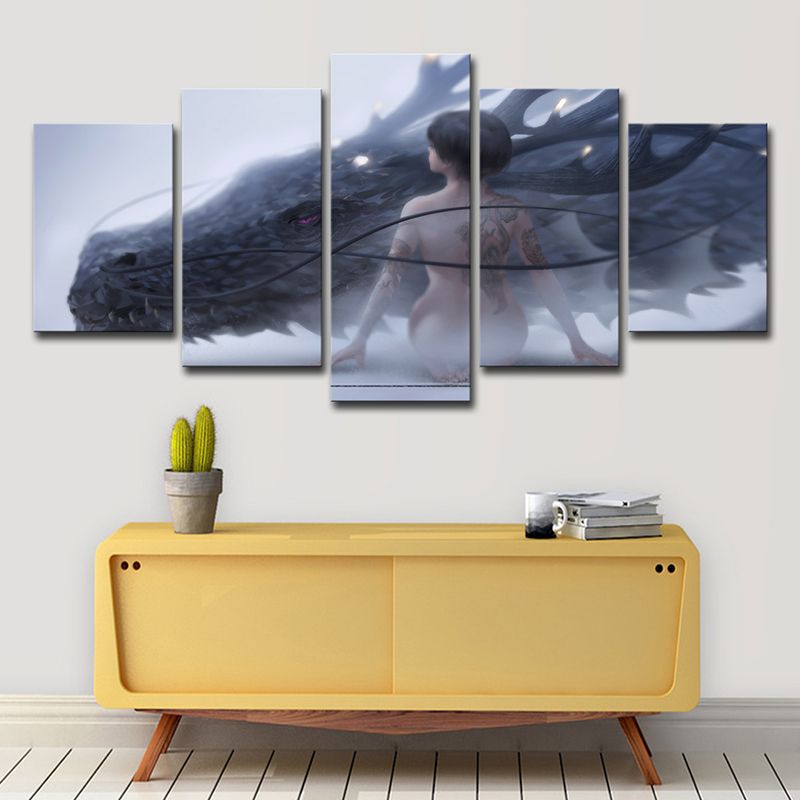 Nude Girl and Dragon Canvas Art Blue Kids Style Wall Decoration for Boys Bedroom