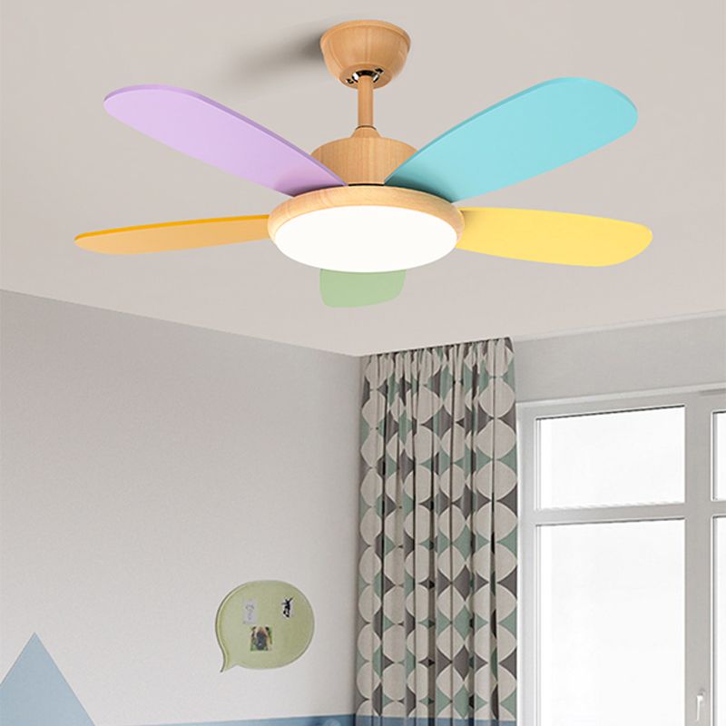 5-Blade Round Pendant Fan Light Macaron Wooden Semi Flush Mounted Lamp for Bedroom