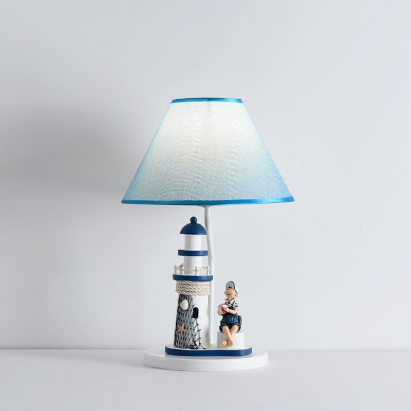 Barrel Shade Night Light Kids Fabric 1 Head Blue Table Lamp with Cartoon Girl/Boy and Lighthouse Decor