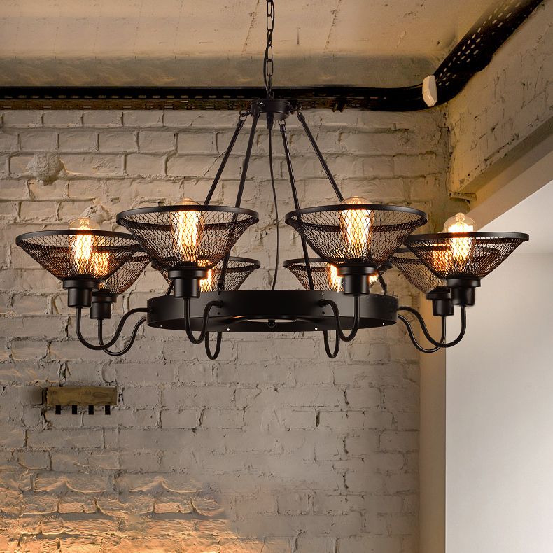 6/8-Light Flared Chandelier Lighting with Wire Mesh Shade Industrial Black Metal Down/Up Ceiling Light for Restaurant