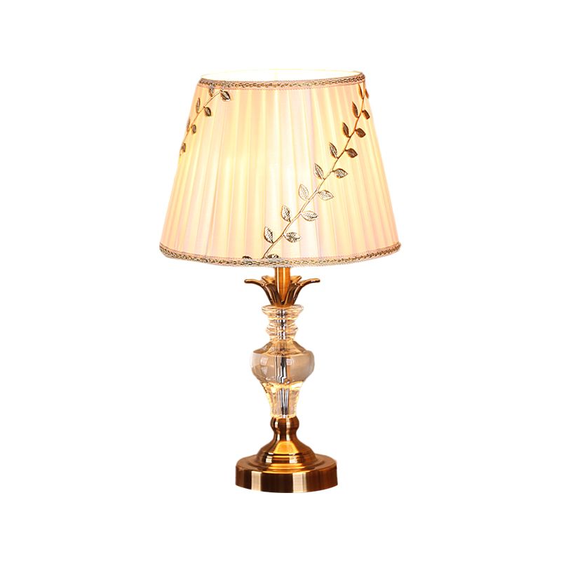 Leaf-and-Vine Patterned Shade Bedroom Table Light Traditional Fabric 1 Bulb White Crystal Night Stand Lamp