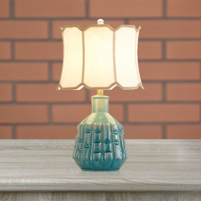 Fabric Scalloped Bell/Drum Table Lamp Vintage 1 Bulb Parlor Nightstand Light with Ceramic Pot Base in Blue