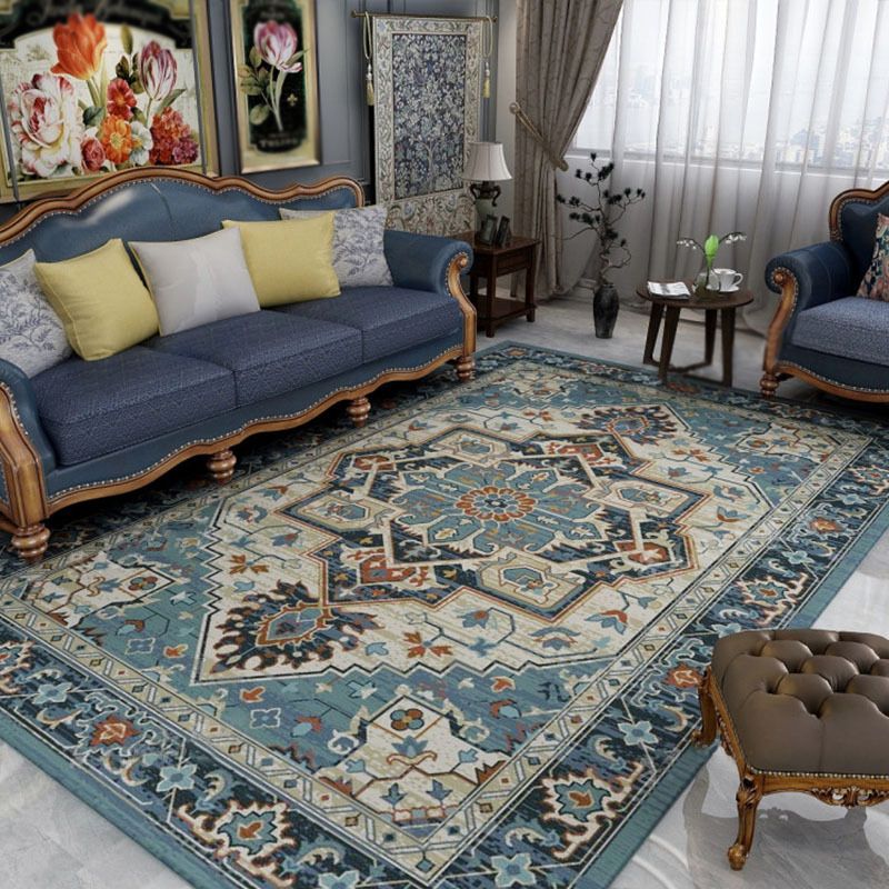 Elegant Blue Tone Nostalgia Carpet Polyester Medallion Indoor Rug Stain Resistant Rug for Home Decor