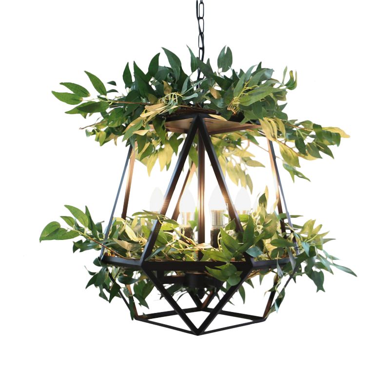 4-Bulb Metal Chandelier Pendant Light Antiqued Style Black Prism Cage Dining Room Suspension Lamp with Plant Deco