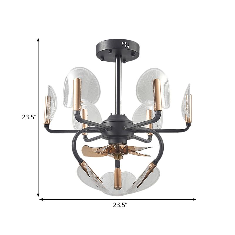 3 Blades Cattail Leaf Shape Pendant Fan Light Modernism Acrylic 23.5" Wide 9 Heads Black Semi Flush Mount