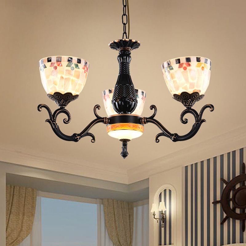 Stained Glass Mosaic Chandelier Lamp Tiffany 3/5/9 Lights Black Suspension Lighting Fixture for Living Room