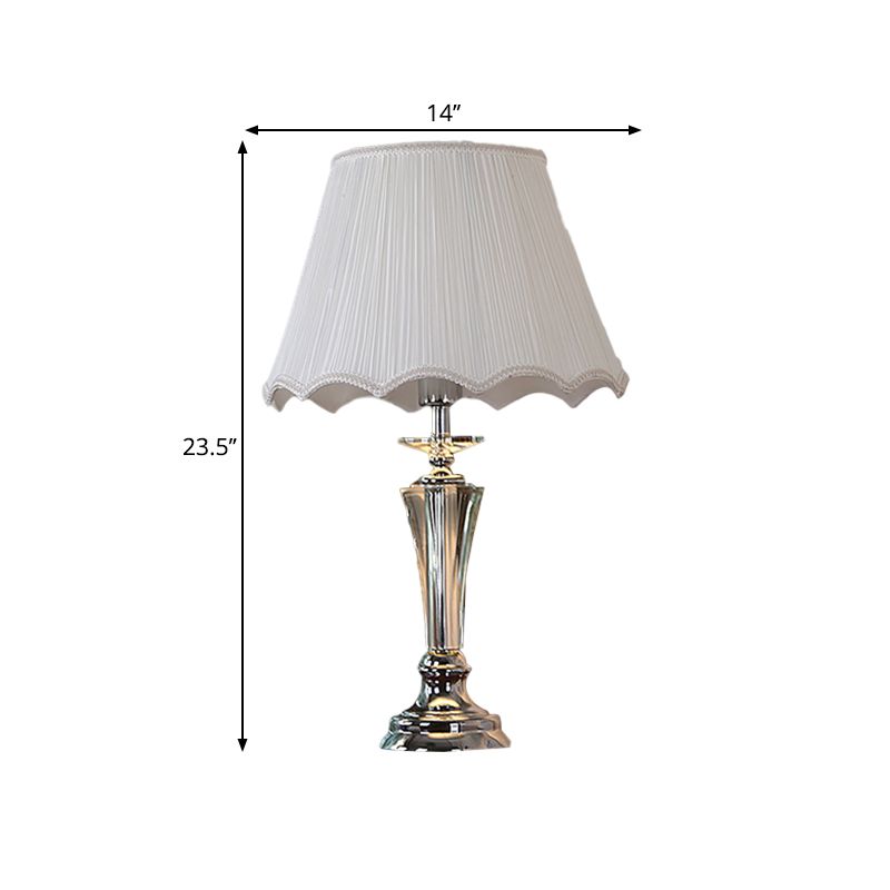 Fabric Blue/White Nightstand Lamp Pleated/Scalloped Shade 1 Head Traditional Crystal Table Light for Bedchamber