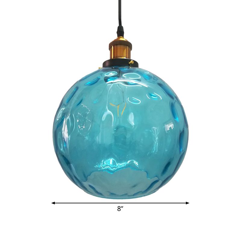 Blue Rippled Glass Ball Hanging Light Modern 1 Light 8"/10"/12" W Brass Ceiling Suspension Lamp