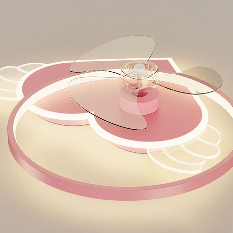 Pink Heart and Ring Ceiling Fan Cartoon LED Metal Semi Flush Light Fixture for Kids Room